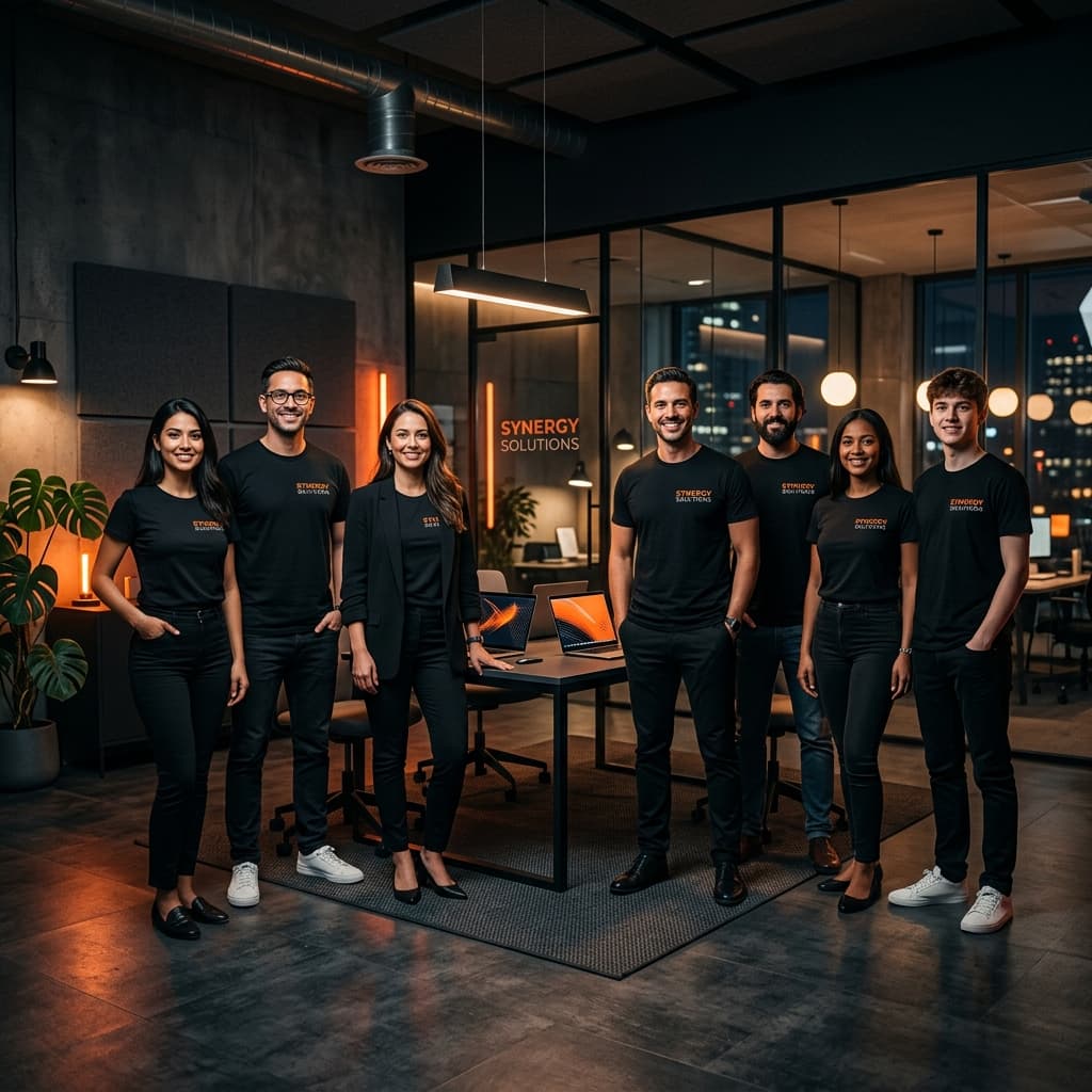 Corporate team in custom branded t-shirts